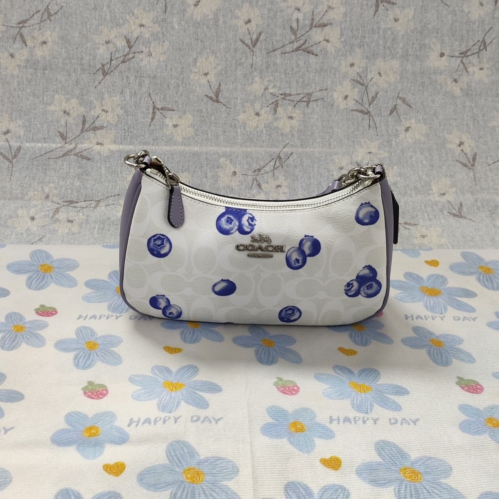 Coach White Mini Shoulder Bag with Lavender and Blue Berry Print - Picture 4 of 12